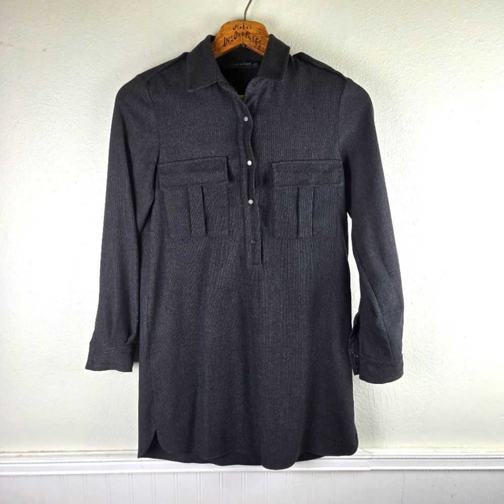 Zara Woman Women's XS Gray Long Sleeve Button Front Tunic Shirt Dress NWOT